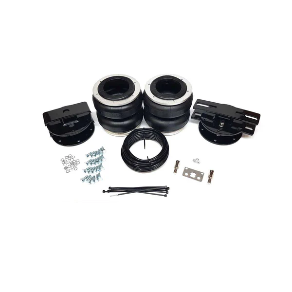 Pair of air suspension bags with mounting brackets, fittings, and hardware laid out on a white background