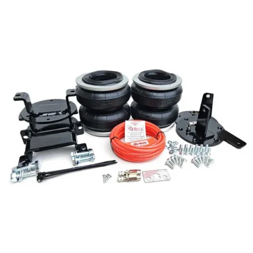 Air suspension kit components laid out: two black airbags, mounting brackets, orange air hose, screws and fittings, and hardware.