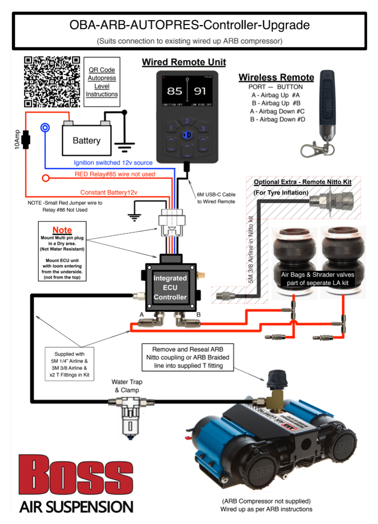OBA-ARB-AUTOPRES-Control-UpgradeV5 - Boss Air Suspension Wiring diagram for OBA-ARB Autopres Upgrade: ECU controller connected to battery and pump, with wired and wireless remotes, air bags, lines and fittings.